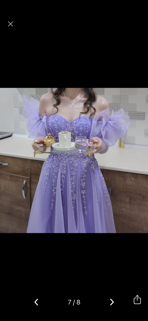 Straplez İşlemeli Mor Uzun Nişan Elbisesi - Görsel 4