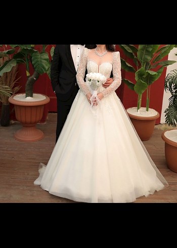 Uzun Kollu Straplez Krem A Kesim Gelinlik - Görsel 3