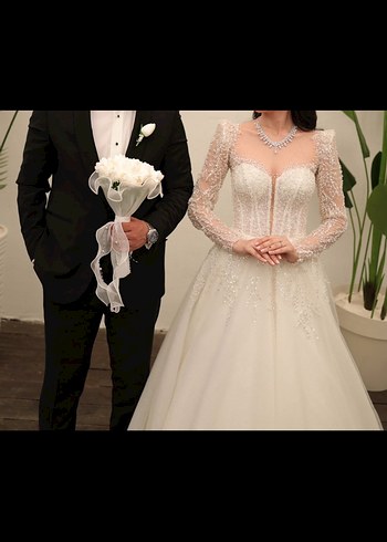 Uzun Kollu Straplez Krem A Kesim Gelinlik - Görsel 4