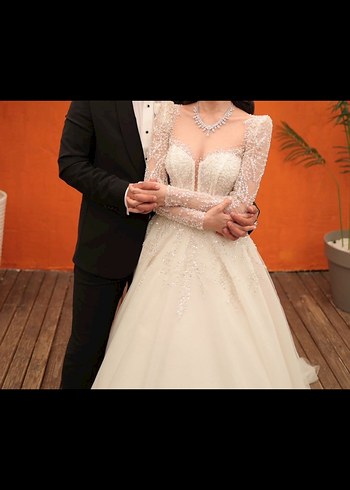 Uzun Kollu Straplez Krem A Kesim Gelinlik - Görsel 7