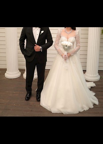 Uzun Kollu Straplez Krem A Kesim Gelinlik - Görsel 2