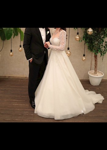 Uzun Kollu Straplez Krem A Kesim Gelinlik - Görsel 5