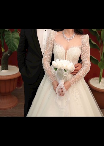 Uzun Kollu Straplez Krem A Kesim Gelinlik - Görsel 6