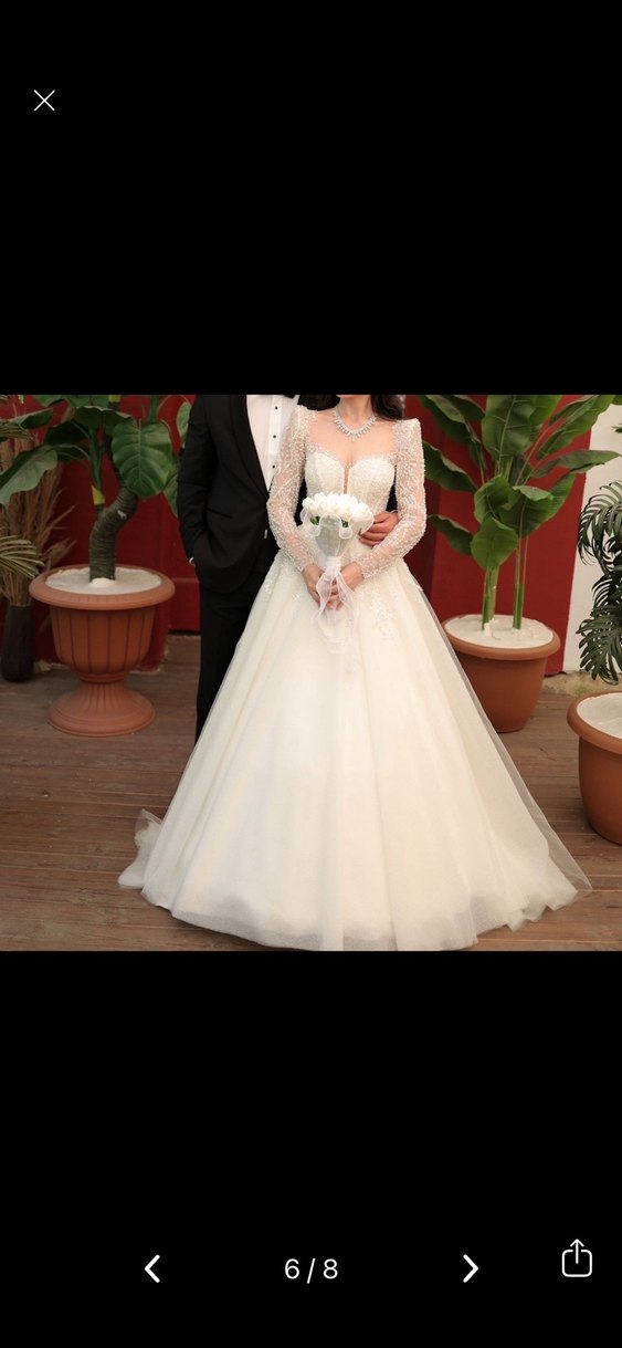 Uzun Kollu Straplez Krem A Kesim Gelinlik - Görsel 3