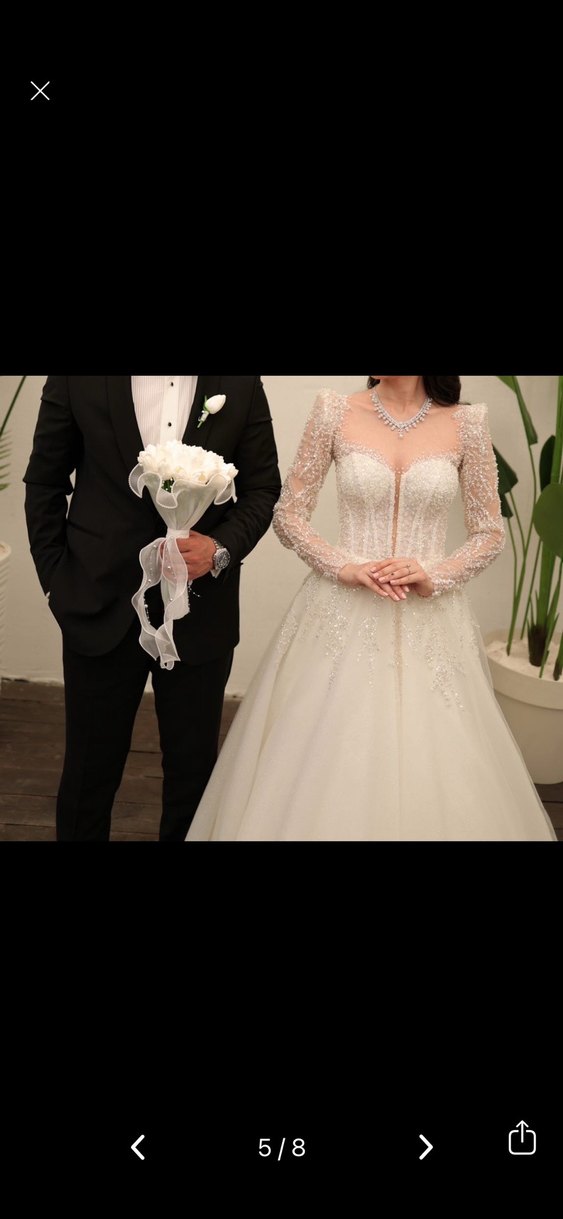 Uzun Kollu Straplez Krem A Kesim Gelinlik - Görsel 4