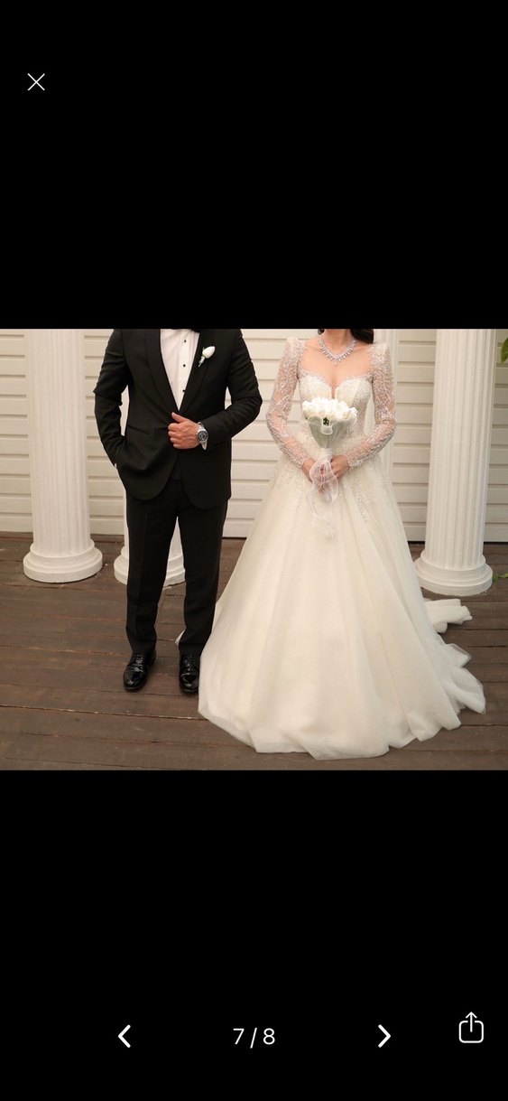 Uzun Kollu Straplez Krem A Kesim Gelinlik - Görsel 2