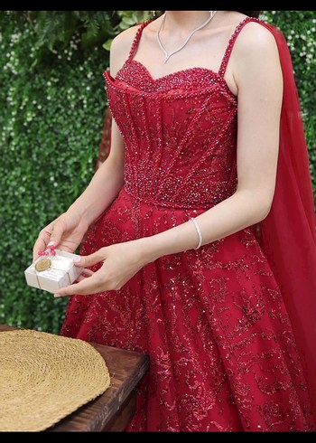 Kırmızı Drapeli Straplez Abiye Elbise - Görsel 7