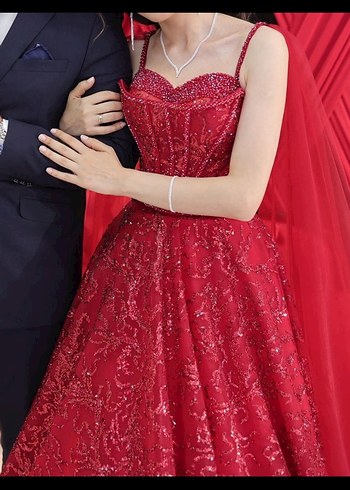 Kırmızı Drapeli Straplez Abiye Elbise - Görsel 4