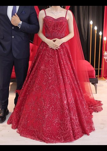 Kırmızı Drapeli Straplez Abiye Elbise - Görsel 3