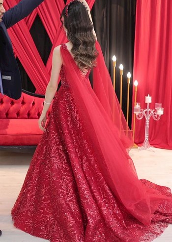 Kırmızı Drapeli Straplez Abiye Elbise - Görsel 5