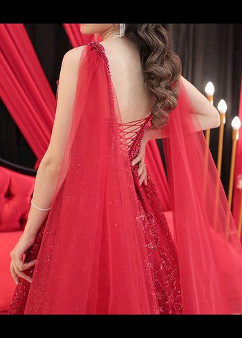 Kırmızı Drapeli Straplez Abiye Elbise - Görsel 6