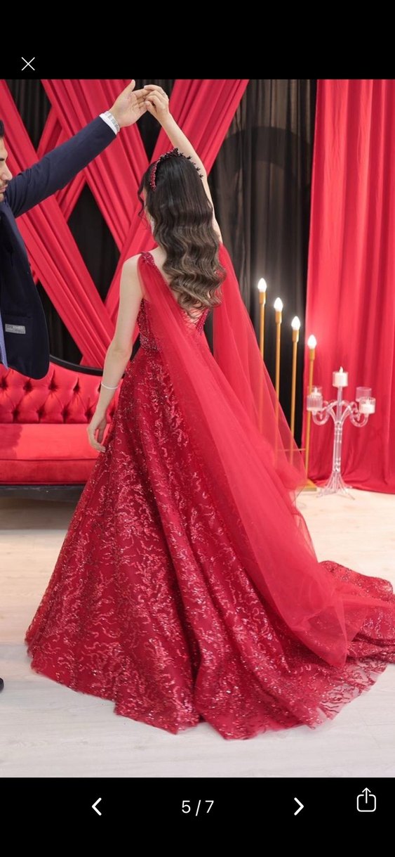 Kırmızı Drapeli Straplez Abiye Elbise - Görsel 5