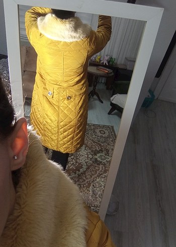 Sarı Kadın Kürklü Midi Kışlık Mont - Görsel 5