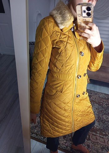 Sarı Kadın Kürklü Midi Kışlık Mont - Görsel 6