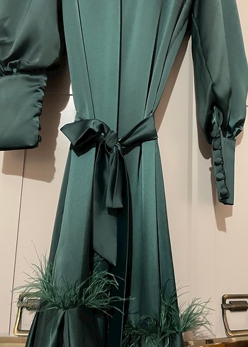 Uzun Kollu Koyu Yeşil Drapeli Kadın Elbise - Görsel 4