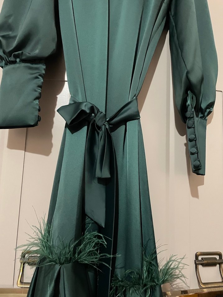 Uzun Kollu Koyu Yeşil Drapeli Kadın Elbise - Görsel 4