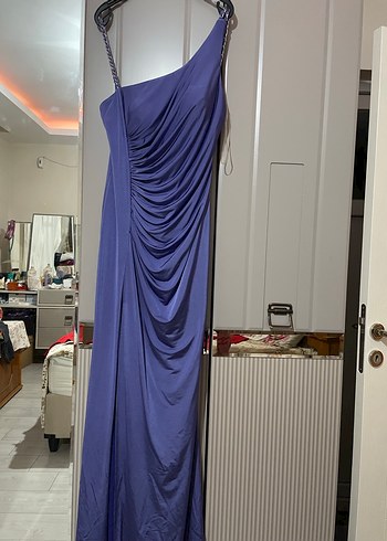Parlak Mor Drapeli Uzun Abiye Elbise - Görsel 2