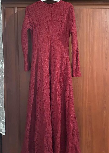 Bordo Dantel Uzun Kollu Tesettüre Uygun Elbise - Görsel 2