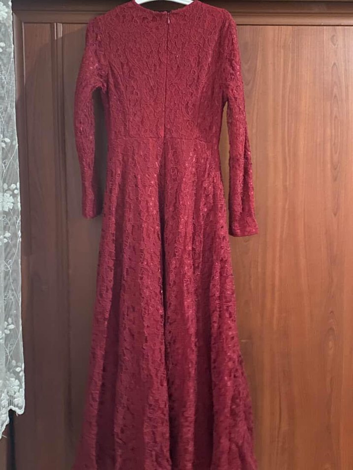 Bordo Dantel Uzun Kollu Tesettüre Uygun Elbise - Görsel 2