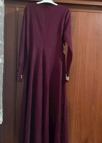 Bordo Uzun Kollu Nakışlı Abiye Tesettür Elbise - Görsel 2