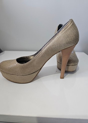 Bej Yılan Derisi Desenli Platform Topuklu Stiletto - Görsel 2