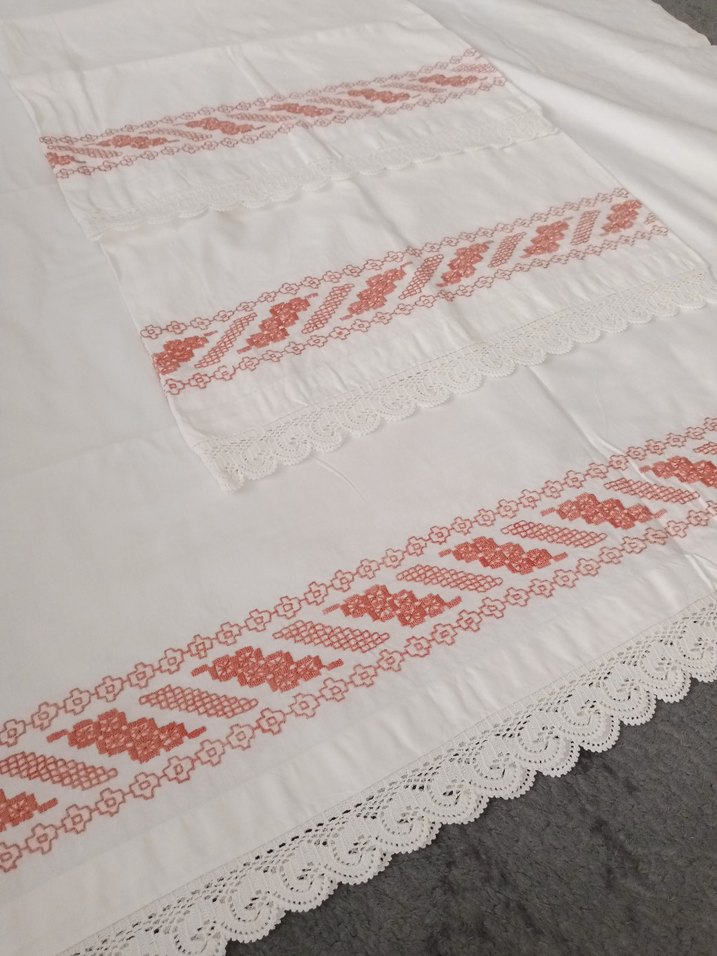 VİNTAGE KANAVİÇE İŞLEMELİ TAKIM (1 ETEK 1 UZUN YASTIK) - Görsel 5