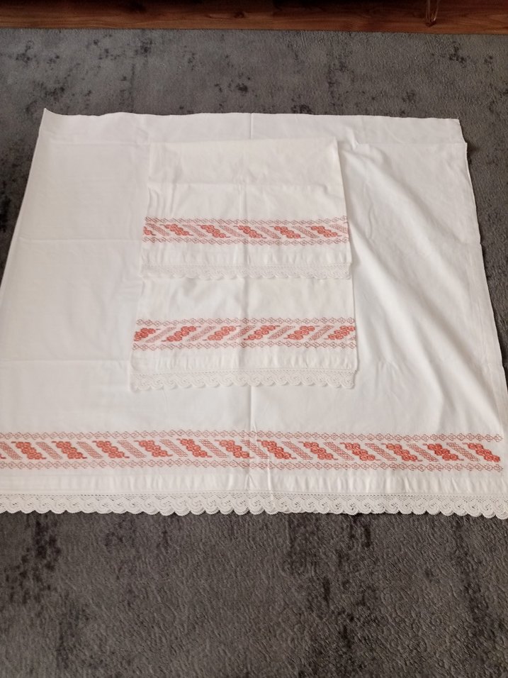 VİNTAGE KANAVİÇE İŞLEMELİ TAKIM (1 ETEK 1 UZUN YASTIK) - Görsel 2