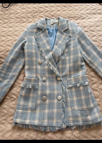 Diğer Mavi Ekoseli Düğmeli Kadın Blazer Ceket