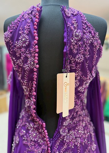 Mor Nakışlı Uzun Abiye Elbise - Görsel 4