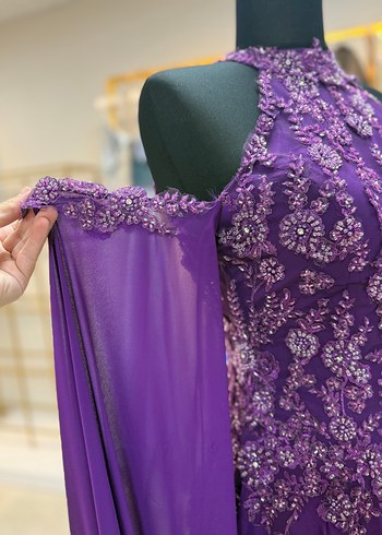 Mor Nakışlı Uzun Abiye Elbise - Görsel 3