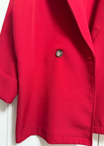Kadın Kırmızı Düğmeli Midi Blazer Ceket - Görsel 2