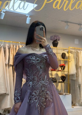 Mor İşlemeli Kayık Yaka Uzun Abiye - Görsel 7