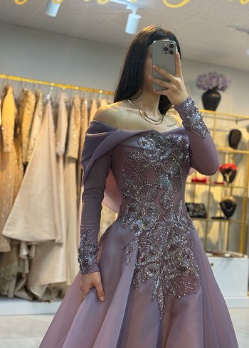 Mor İşlemeli Kayık Yaka Uzun Abiye - Görsel 4