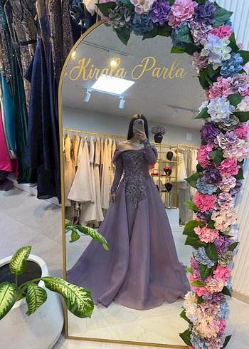 Mor İşlemeli Kayık Yaka Uzun Abiye - Görsel 2