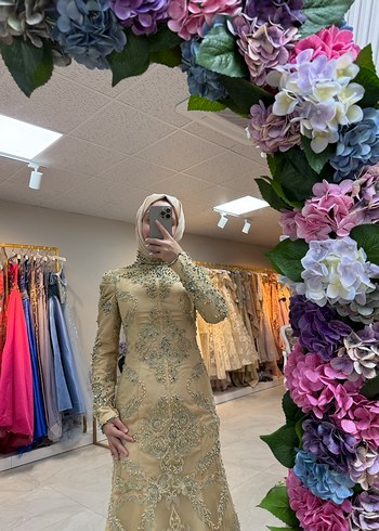 Çiçek Desenli Uzun Kollu Abiye Elbise - Görsel 3