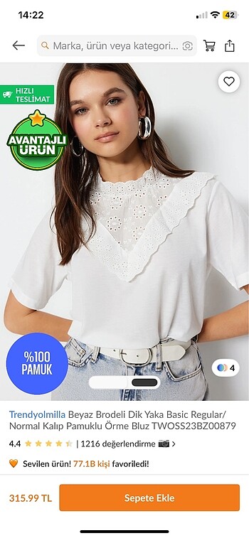Beyaz brodeli dik yaka pamuklu bluz