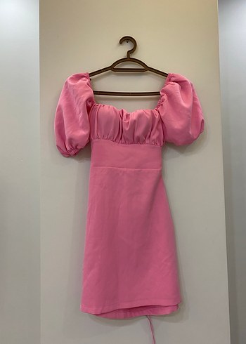 Pembe Midi Keten Elbise, Drapeli, Straplez