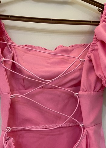 Trendyol & Milla Pembe Midi Keten Elbise, Drapeli, Straplez