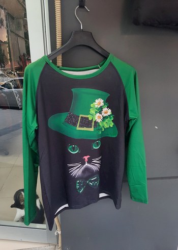 Yeşil Baskılı Örme Kedi Temalı Sweatshirt