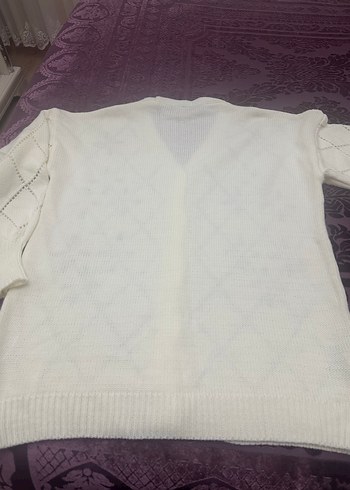 Nakışlı ekru renk Midi Triko Hırka - Görsel 3