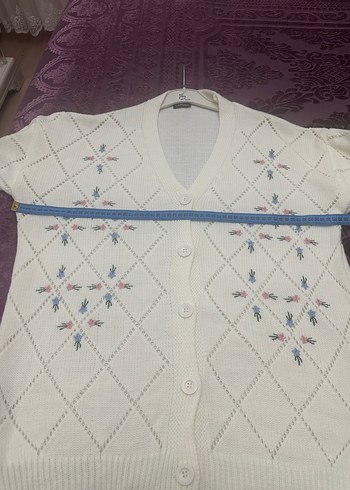 Nakışlı ekru renk Midi Triko Hırka - Görsel 5