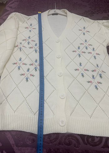 Nakışlı ekru renk Midi Triko Hırka - Görsel 4