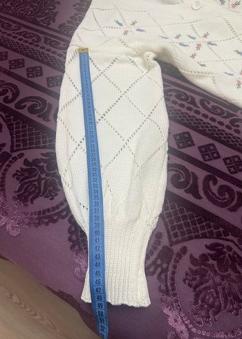 Nakışlı ekru renk Midi Triko Hırka - Görsel 6