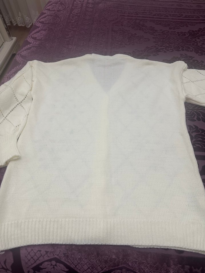 Nakışlı ekru renk Midi Triko Hırka - Görsel 3