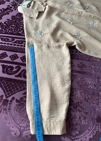 Önü taşlı yarım Kollu bej renk Kadın Gömlek - Görsel 7