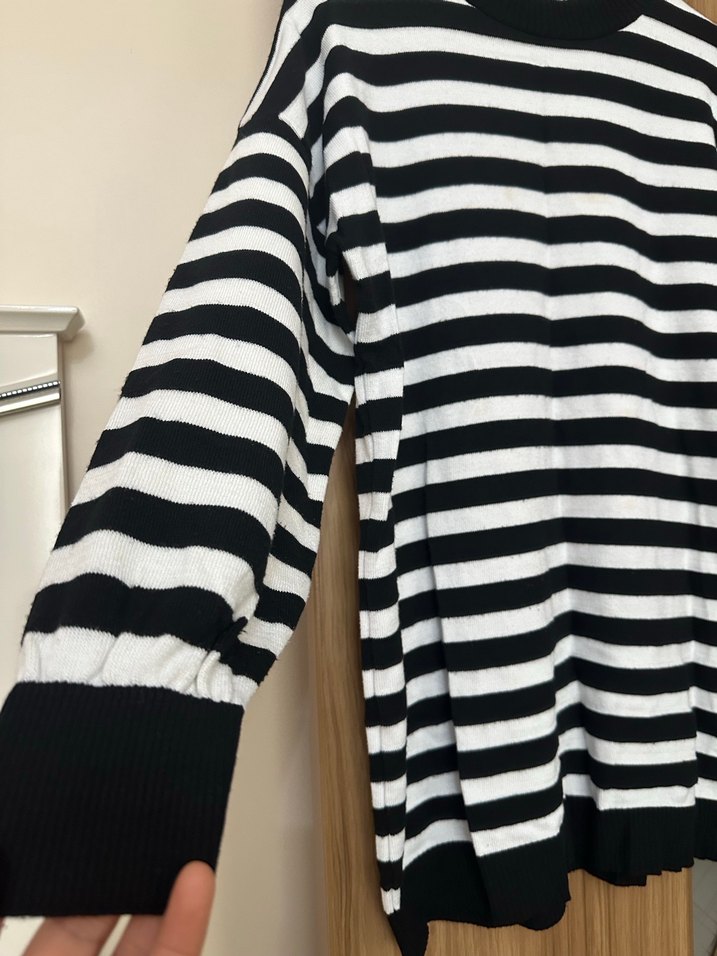 Kadın Siyah Çizgili Pamuklu Uzun Kollu Triko - Görsel 2