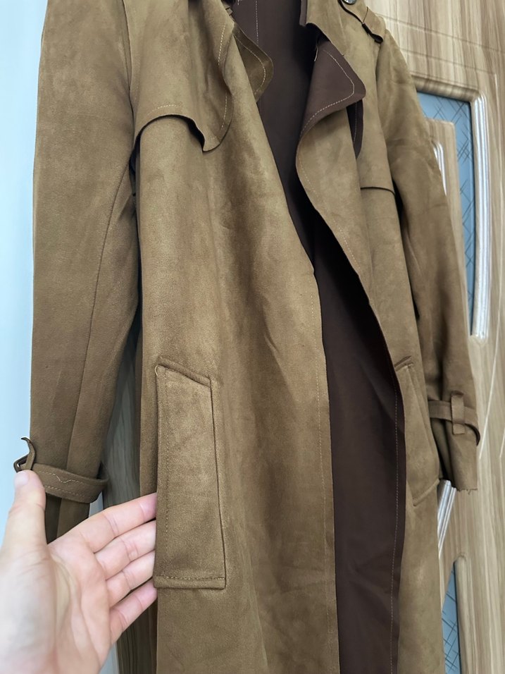 Kahverengi Süet Uzun Kadın Trençkot - Görsel 3