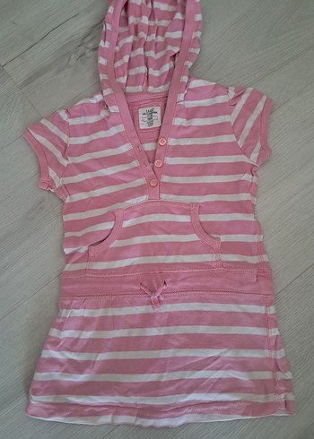 Kız Çocuk Kapüşonlu Çizgili Kısa Kollu Elbise - Görsel 2