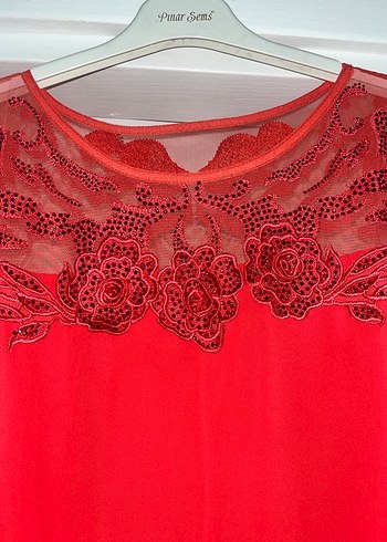 Nakışlı Dantelli nar çiçeği rengi midi boy Abiye Elbise - Görsel 3