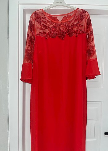 Nakışlı Dantelli nar çiçeği rengi midi boy Abiye Elbise - Görsel 7